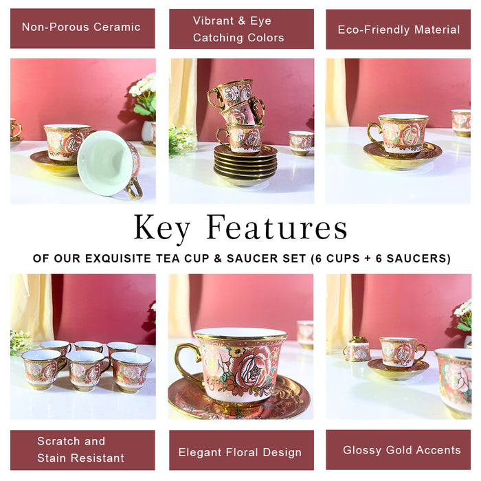 Blush Blossom Pink & Gold Ceramic Tea Cup & Saucer Set (12-Piece)