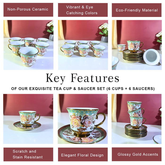 Sage Garden Mint Green Floral Ceramic Tea Cup & Saucer Set - 12 Pieces (6 Cups + 6 Saucers)