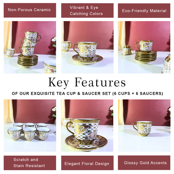 Regal Diamond Lattice Gold & White Ceramic Tea Cup & Saucer Set - 12 Pieces (6 Cups + 6 Saucers)