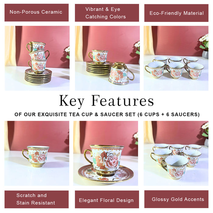 Mint Rose Gold-Trim Ceramic Tea Cup & Saucer Set – 12-Piece Collection