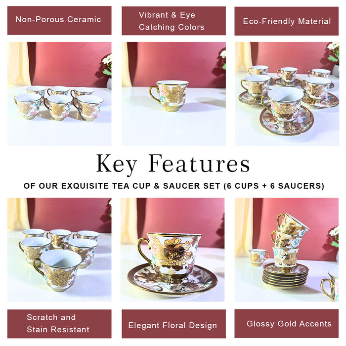 Floral Elegance Gold-Trim Ceramic Tea Cup & Saucer Set – 12 Pieces
