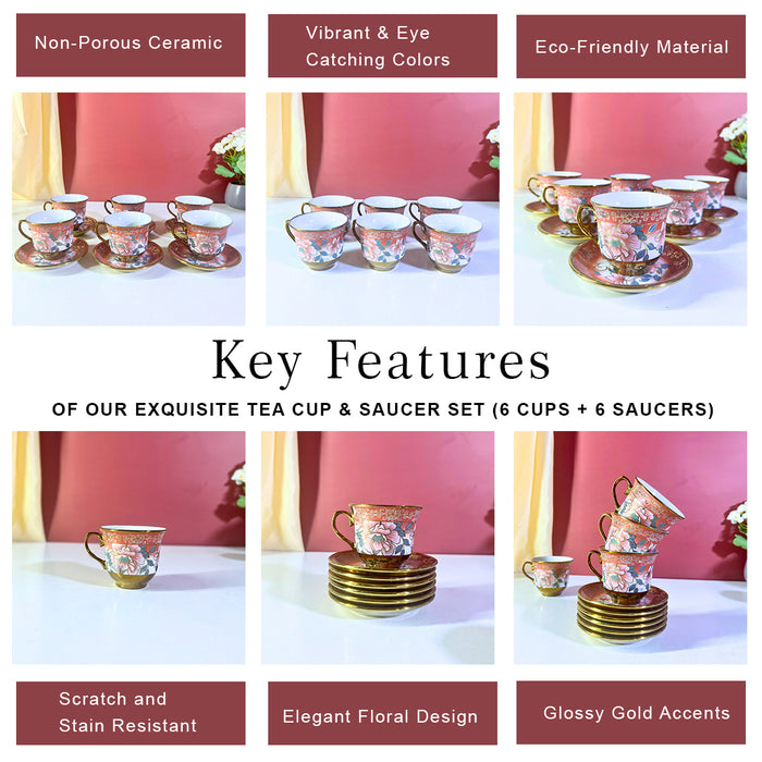 Coral Blossom Gold-Trim Ceramic Tea Cup & Saucer Set – 12 Pieces