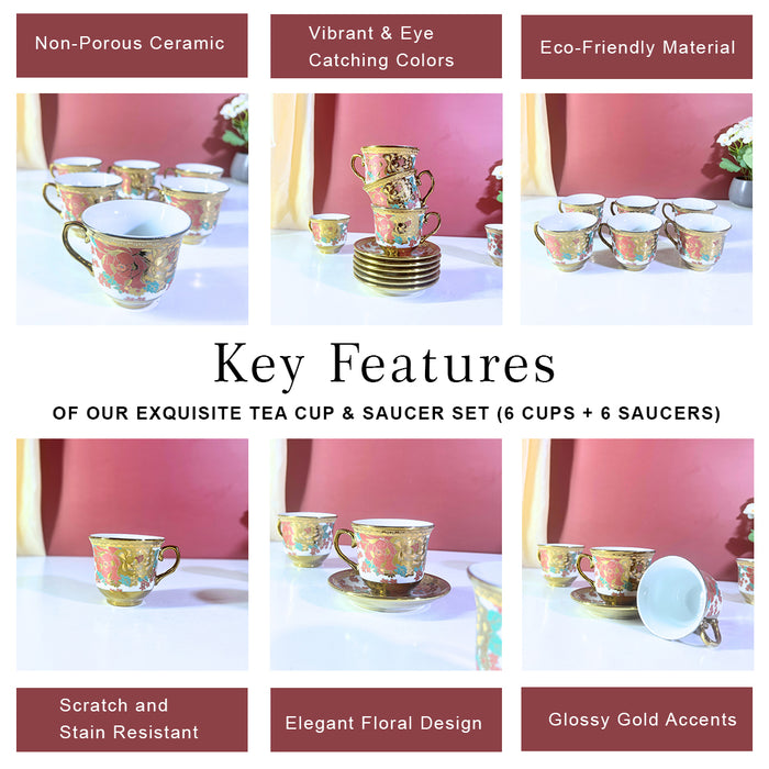 Coral Luxe Floral Gold-Trim Ceramic Tea Cup & Saucer Set – 12 Pieces