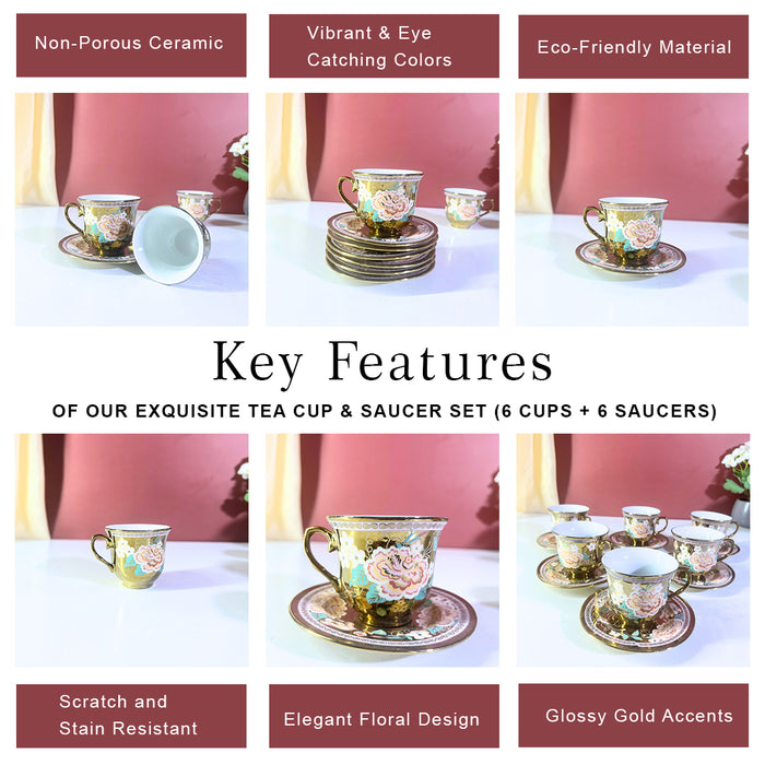 The Decor Paradise 12-Piece Gold Floral Ceramic Cup & Saucer Set