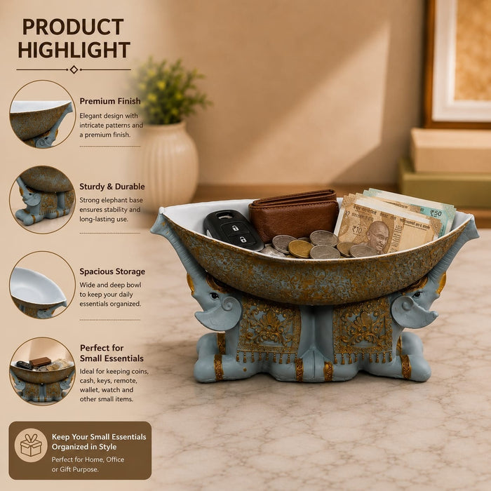 High-resolution craftsmanship detail shot displaying intricate ornamental work on Large Boat-Shaped Dual Elephant Resin Catchall Bowl (6.1 Inch)