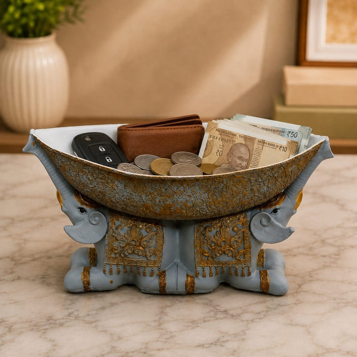 Exact dimension guide and measurement chart showing height and proportions of Large Boat-Shaped Dual Elephant Resin Catchall Bowl (6.1 Inch)