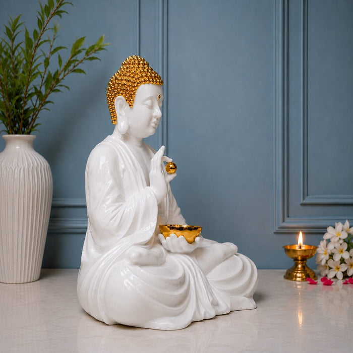 Three-quarter perspective angle view showcasing dynamic form and balanced proportions of Large Glossy White and Gold Blessing Buddha Resin Statue with Bowl (22.7 Inch)