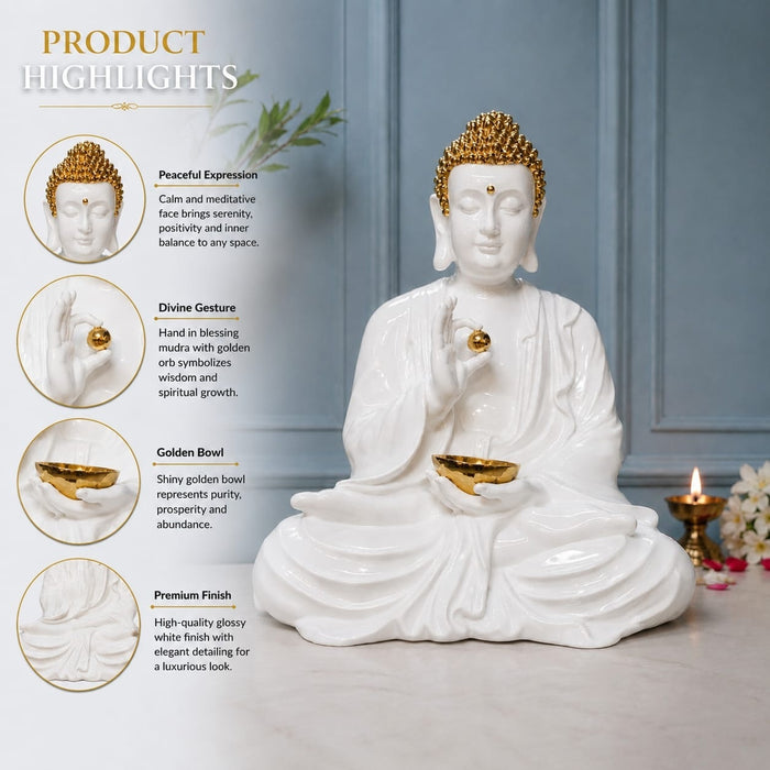 Detailed close-up of hand-painted accents, fine facial detailing, and premium Resin texture on Large Glossy White and Gold Blessing Buddha Resin Statue with Bowl (22.7 Inch)