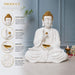 Detailed close-up of hand-painted accents, fine facial detailing, and premium Resin texture on Large Glossy White and Gold Blessing Buddha Resin Statue with Bowl (22.7 Inch)