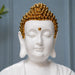 High-resolution craftsmanship detail shot displaying intricate ornamental work on Large Glossy White and Gold Blessing Buddha Resin Statue with Bowl (22.7 Inch)