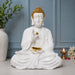 Product feature highlights and craftsmanship overview infographic for Large Glossy White and Gold Blessing Buddha Resin Statue with Bowl (22.7 Inch)