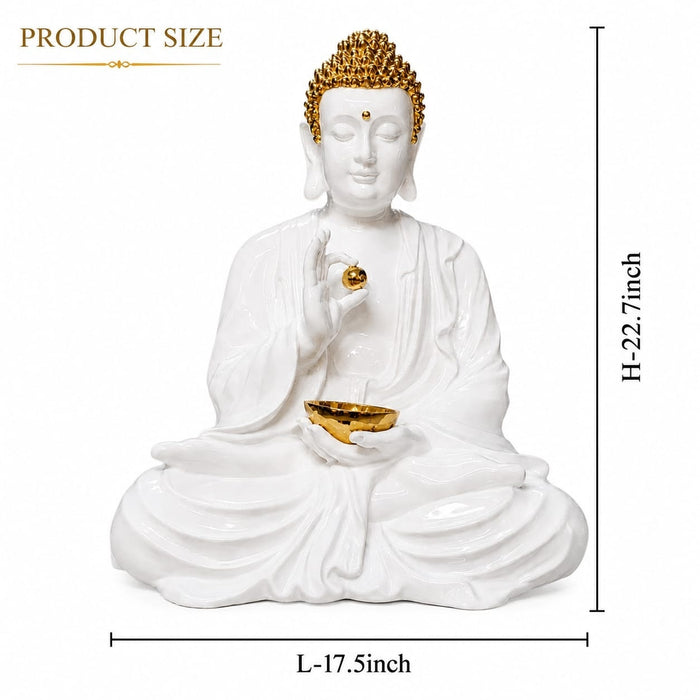 Full front view of Large Glossy White and Gold Blessing Buddha Resin Statue with Bowl (22.7 Inch) on display base against clean studio background