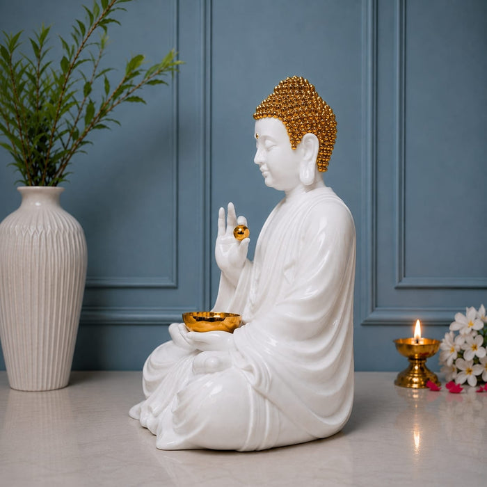 Side profile perspective showcasing elegant three-dimensional contours and sculptural depth of Large Glossy White and Gold Blessing Buddha Resin Statue with Bowl (22.7 Inch)