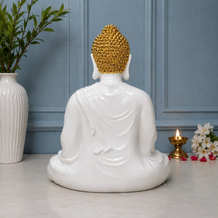 Exact dimension guide and measurement chart showing height and proportions of Large Glossy White and Gold Blessing Buddha Resin Statue with Bowl (22.7 Inch)