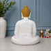 Exact dimension guide and measurement chart showing height and proportions of Large Glossy White and Gold Blessing Buddha Resin Statue with Bowl (22.7 Inch)