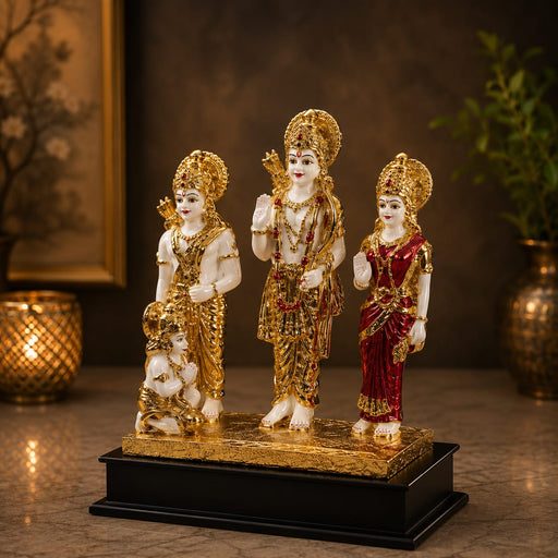 A direct front-facing view of the Large Gold Ram Darbar Idol showcasing Lord Ram, Sita, Lakshman, and Hanuman in a premium gold finish.
