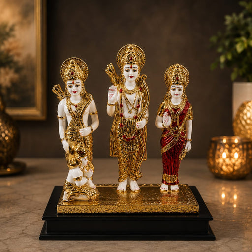 An angled perspective of the 16-inch Ram Darbar highlighting the three-dimensional detailing of the deities.
