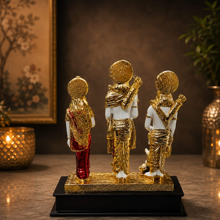 A close-up detail shot of the Ram Darbar focusing on the divine expressions and artisanal gold texture.