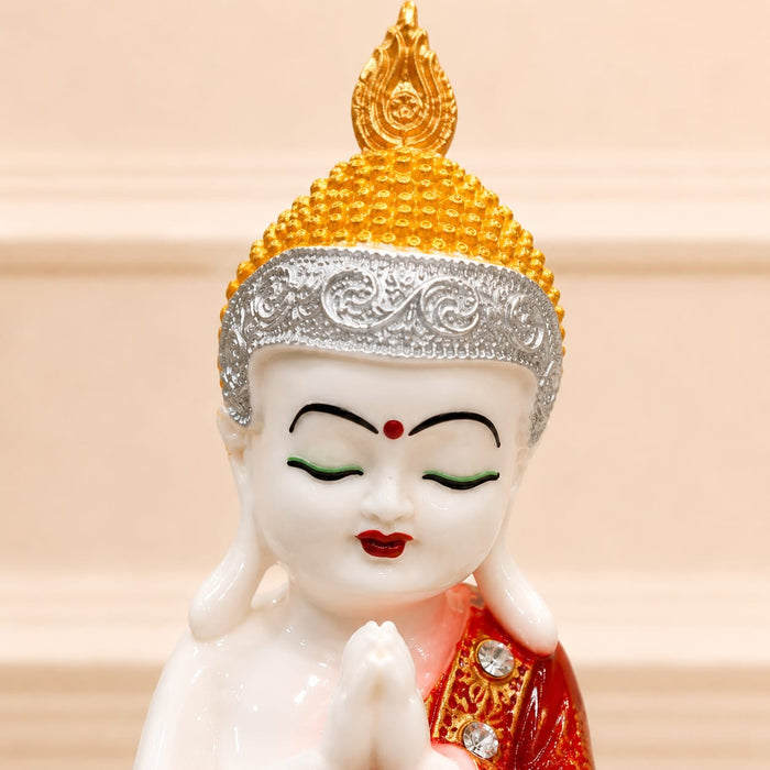 Little Praying Buddha Monk in Red & Gold Robes Resin Figurine (9.5 Inch) - View 2
