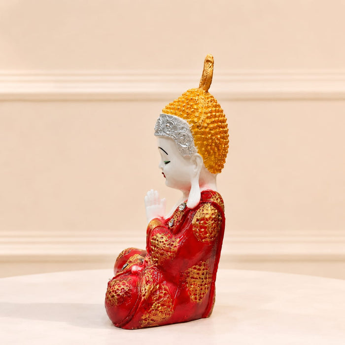 Little Praying Buddha Monk in Red & Gold Robes Resin Figurine (9.5 Inch) - View 4