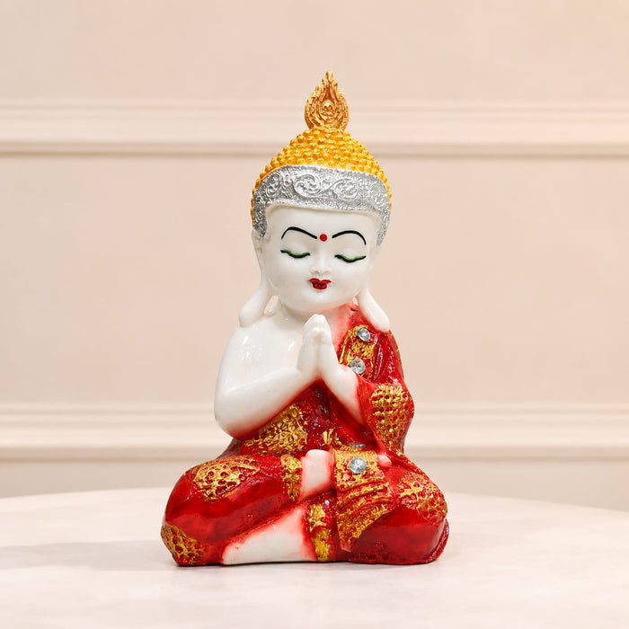 Little Praying Buddha Monk in Red & Gold Robes Resin Figurine (9.5 Inch) - View 5