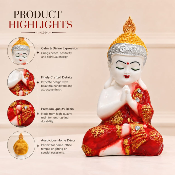 Little Praying Buddha Monk in Red & Gold Robes Resin Figurine (9.5 Inch) - View 7