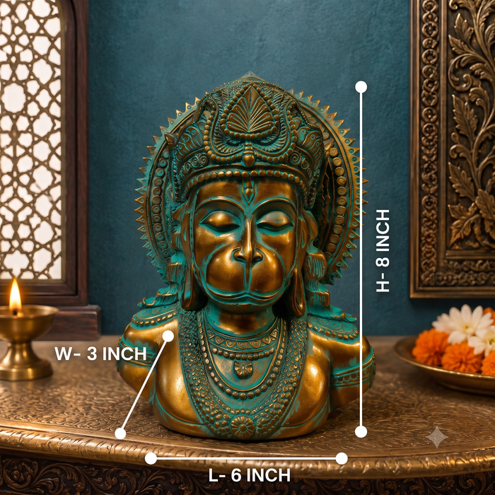 Bronze and teal-green Hamsa hand statue shown on a decorative table with overlaid dimension lines and labels indicating height 8 inch, width 3 inch, and length 6 inch.