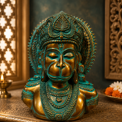 An ornate bronze and turquoise-green bust sculpture of a deity with a human face and decorative crown, displayed on a carved surface in a styled interior setting.
