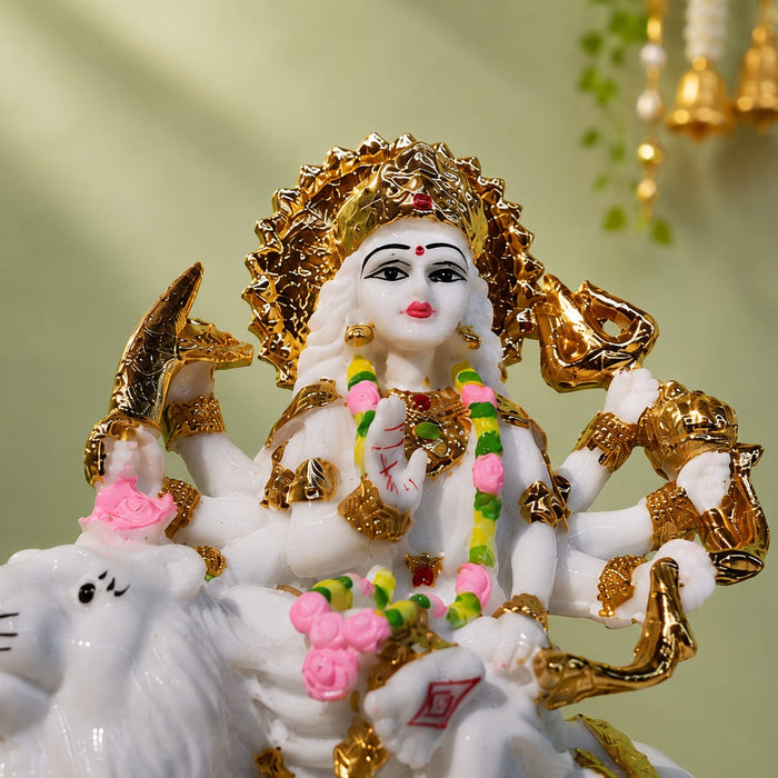 Majestic Goddess Durga on Lion White & Gold Resin Idol (9.5 Inch) - View 1