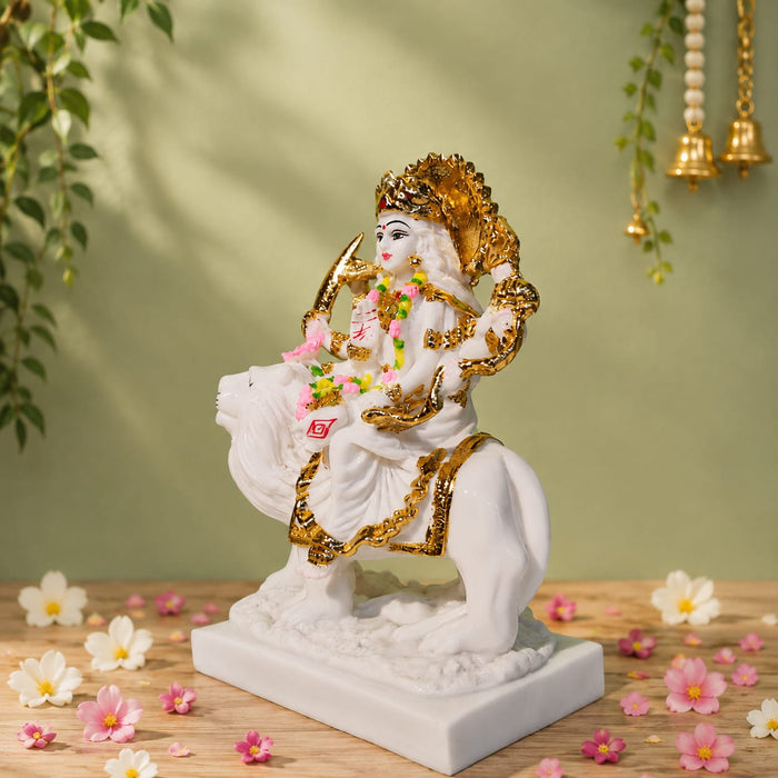 Majestic Goddess Durga on Lion White & Gold Resin Idol (9.5 Inch) - View 2