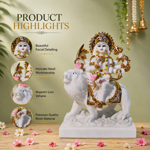 Majestic Goddess Durga on Lion White & Gold Resin Idol (9.5 Inch) - View 3