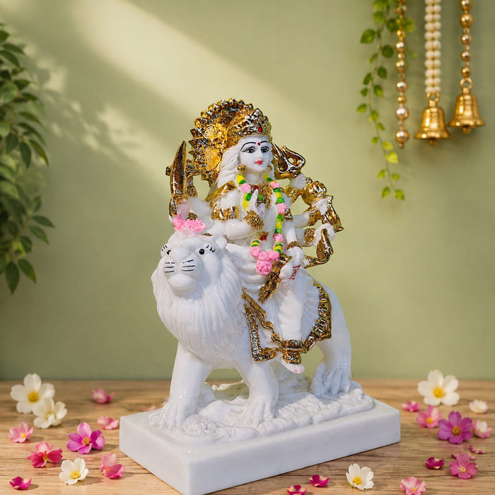 Majestic Goddess Durga on Lion White & Gold Resin Idol (9.5 Inch) - View 5