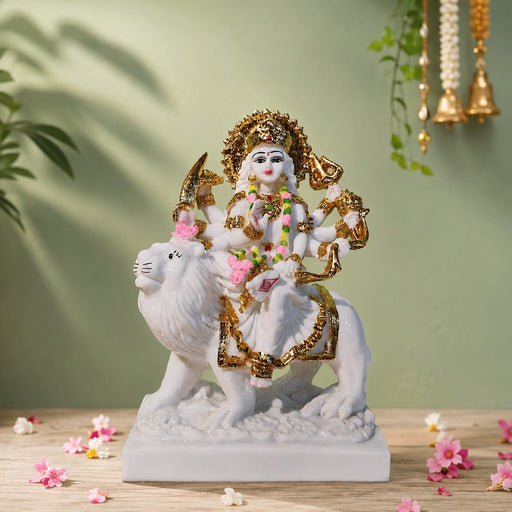Majestic Goddess Durga on Lion White & Gold Resin Idol (9.5 Inch) - View 6
