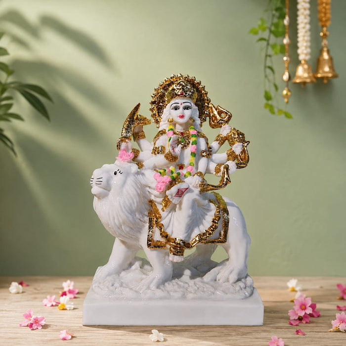 Majestic Goddess Durga on Lion White & Gold Resin Idol (9.5 Inch) - View 6