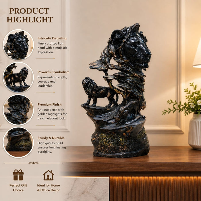 Product feature highlights and craftsmanship overview infographic for Majestic Lion Pride Abstract Resin Bust (11 Inch)