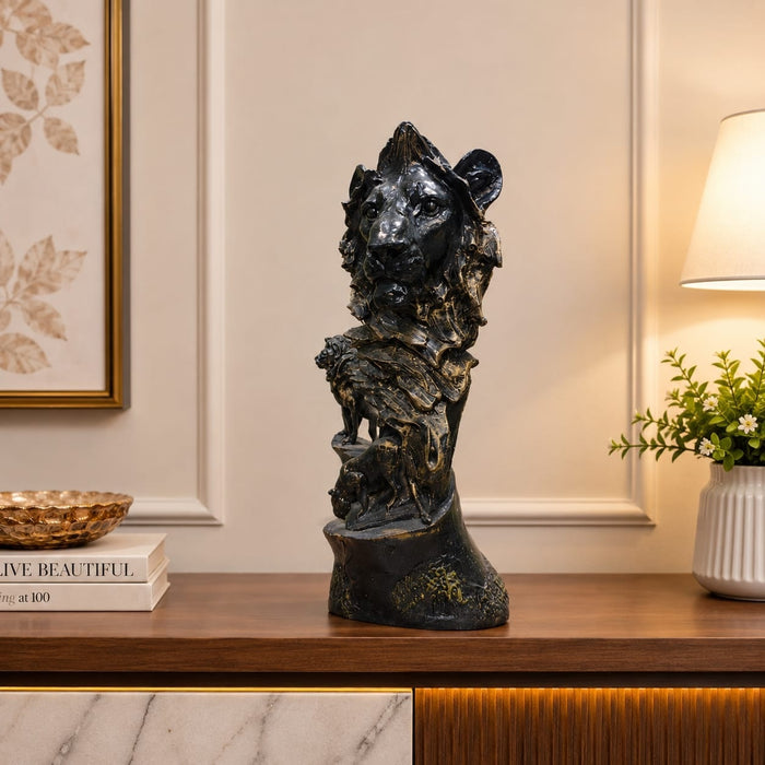 Full front view of Majestic Lion Pride Abstract Resin Bust (11 Inch) on display base against clean studio background