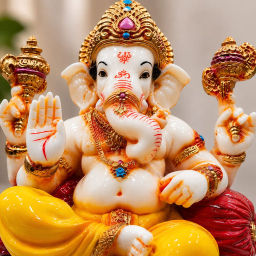 Majestic Seated Ganesha on Red Cushion Resin Idol (7.19 Inch) - View 1