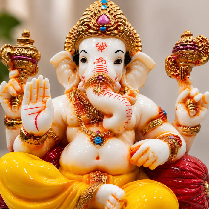 Majestic Seated Ganesha on Red Cushion Resin Idol (7.19 Inch) - View 1