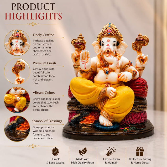 Majestic Seated Ganesha on Red Cushion Resin Idol (7.19 Inch) - View 3