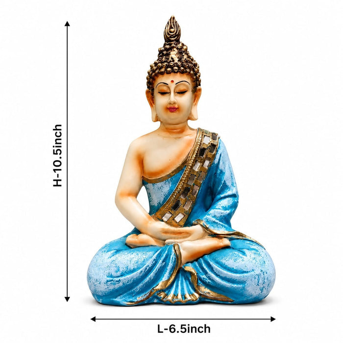 Three-quarter perspective angle view showcasing dynamic form and balanced proportions of Meditating Buddha Resin Figurine with Mirror-Work Robes (10.5 Inch)