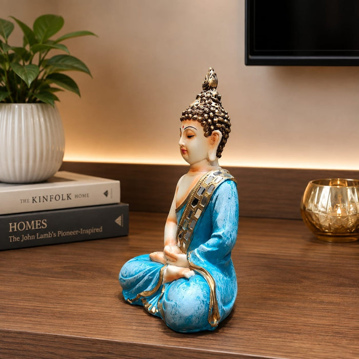 Detailed close-up of hand-painted accents, fine facial detailing, and premium Resin texture on Meditating Buddha Resin Figurine with Mirror-Work Robes (10.5 Inch)