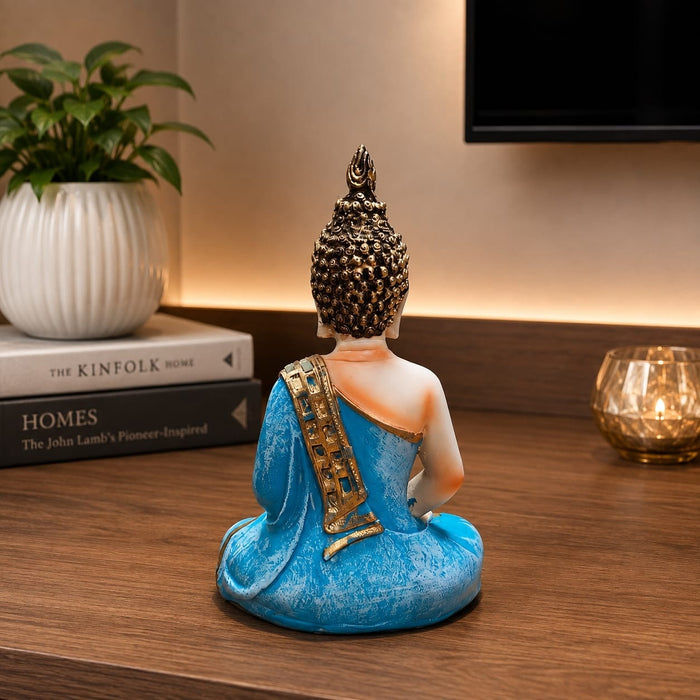 High-resolution craftsmanship detail shot displaying intricate ornamental work on Meditating Buddha Resin Figurine with Mirror-Work Robes (10.5 Inch)