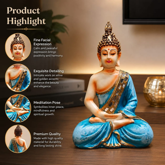 Product feature highlights and craftsmanship overview infographic for Meditating Buddha Resin Figurine with Mirror-Work Robes (10.5 Inch)