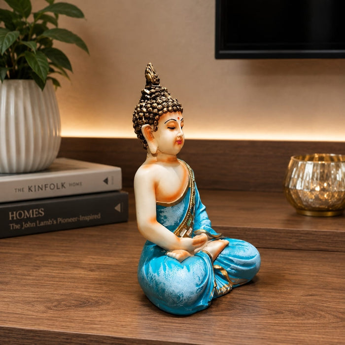 Full front view of Meditating Buddha Resin Figurine with Mirror-Work Robes (10.5 Inch) on display base against clean studio background