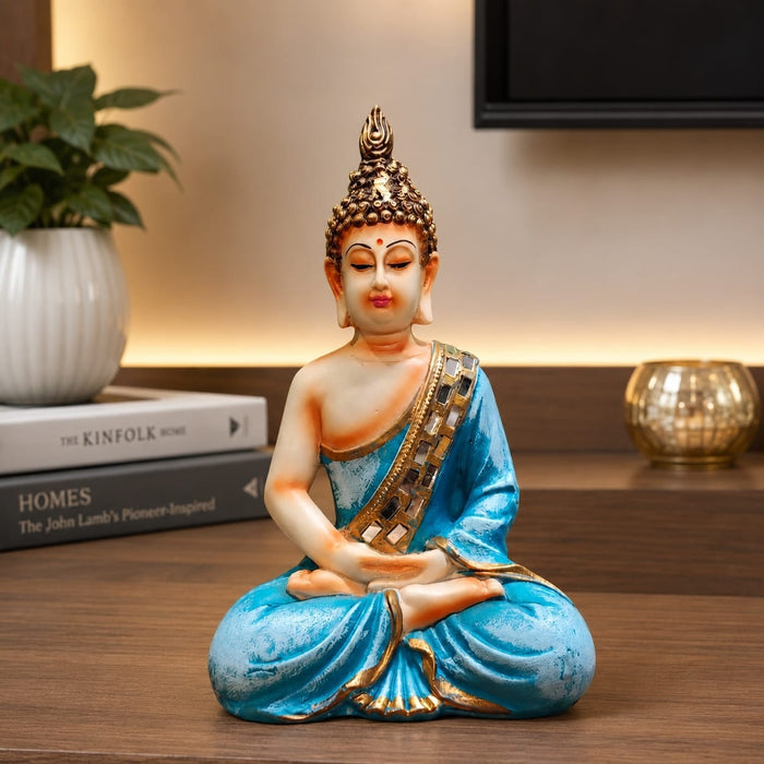 Exact dimension guide and measurement chart showing height and proportions of Meditating Buddha Resin Figurine with Mirror-Work Robes (10.5 Inch)