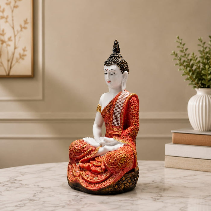 Product feature highlights and craftsmanship overview infographic for Meditating Buddha Resin Statue in Red and Gold Robe (11.5 Inch)