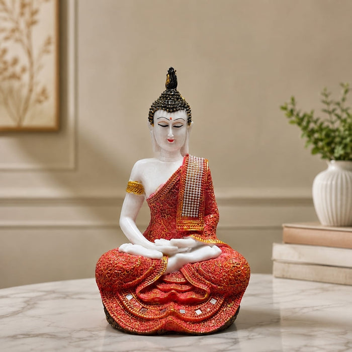 Full front view of Meditating Buddha Resin Statue in Red and Gold Robe (11.5 Inch) on display base against clean studio background