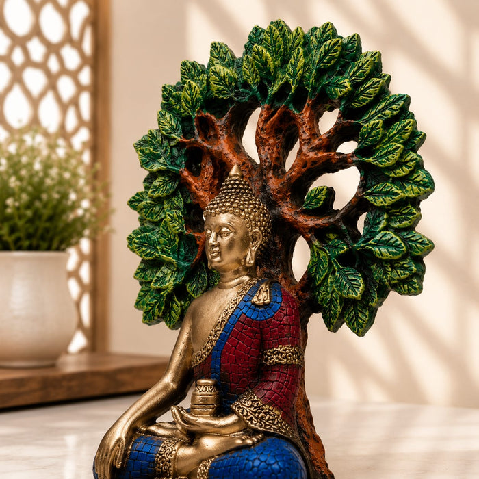 Meditating Buddha Under Tree of Life Resin Showpiece (9.5 Inch) - View 1