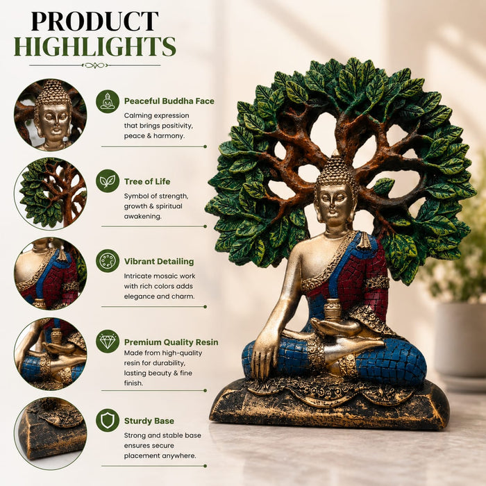 Meditating Buddha Under Tree of Life Resin Showpiece (9.5 Inch) - View 3