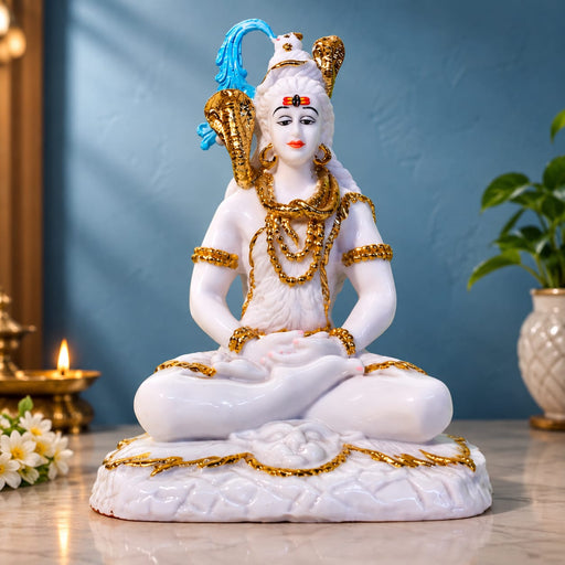 Meditating Lord Shiva White Resin Idol with Blue Snake (10.7 Inch) - View 1